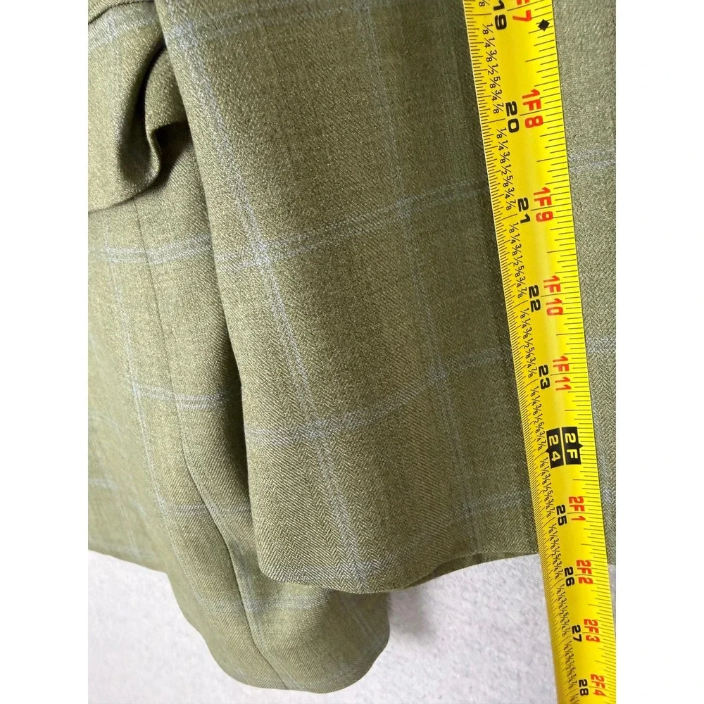 Hickey Freeman Mens 44R Sport Coat Wool Silk Olive Green Windowpane Blazer M481